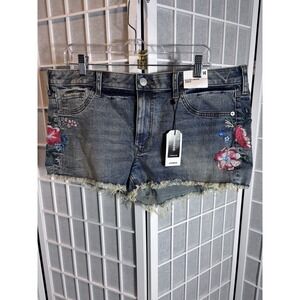 Express Low Rise Denim Shorts Embroidered Floral Shortie Size  14 Frayed Hem